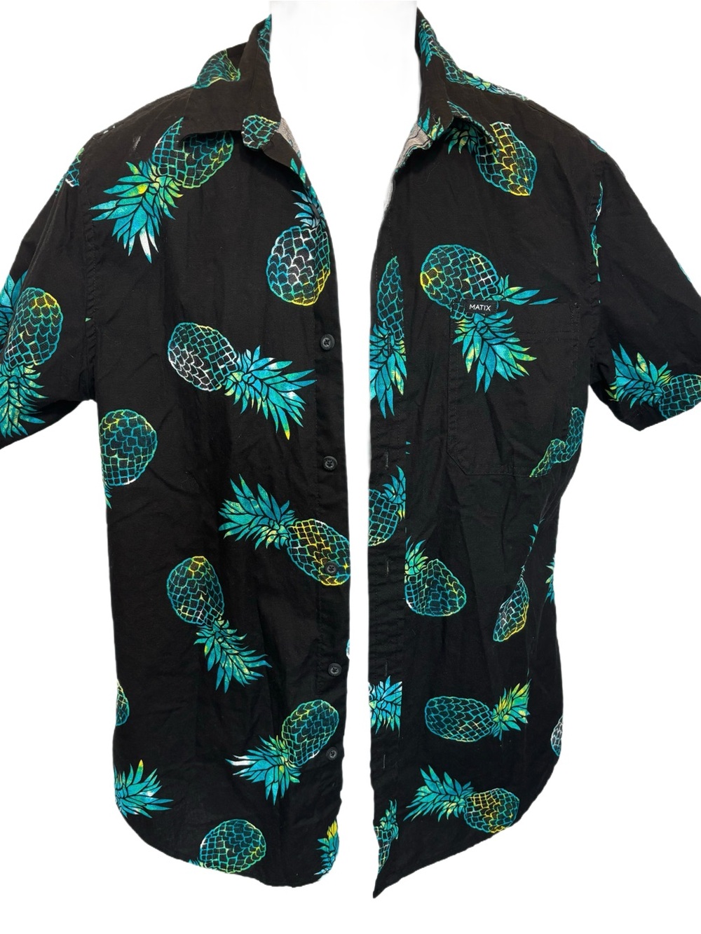 MATIX L.A. CALIF Black Short Sleeve with Bright Turquoise Pineapples Size M